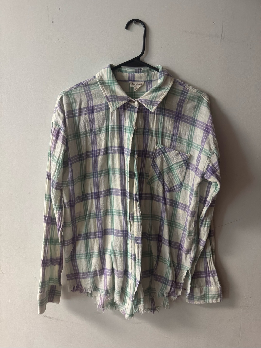 Hem & Thread White Plaid Button-Down Shirt with Purple & Green Checks